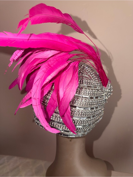 Crystal Beaded Flapper full dome cap with Hot Pink Feathers main image 4